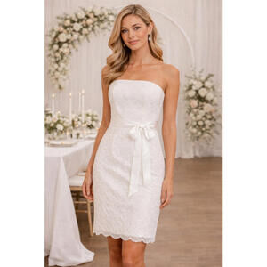Ivory Strapless Lace Cocktail Dress Satin Sash | Bridal Shower Rehearsal sz 4